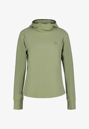 Lichtgroene hoodie met lange mouwen, duimgaten en een klein berglogo op de linkerborst, ontworpen voor buitenactiviteiten.