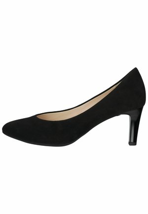 Schwarzer Wildleder-High-Heel-Pump mit spitzem Zehenbereich, niedrigem Einschnitt und glänzendem schwarzen Absatz, ausgestattet mit einer glatten Innenauskleidung.