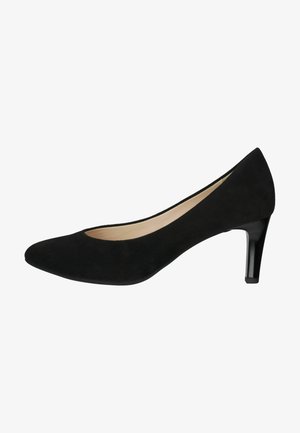 Schwarzer Wildleder-High-Heel-Pump mit spitzem Zehenbereich, niedrigem Einschnitt und glänzendem schwarzen Absatz, ausgestattet mit einer glatten Innenauskleidung.