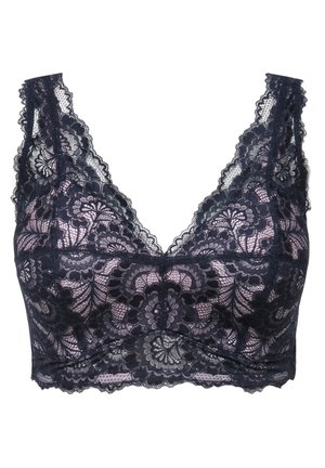 Kant bralette in marineblauw, met bloemmotieven, een diepe V-hals en geschulpte randen. Zachte textuur met verstelbare schouderbandjes.