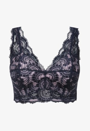 Spitzen-Bralette in Marineblau, mit floralem Muster, tiefem V-Ausschnitt und gewellten Kanten. Weicher Stoff mit verstellbaren Trägern.