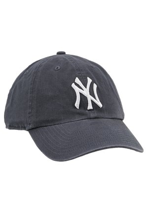 Gray cotton baseball cap with a curved brim, featuring a white embroidered "NY" logo on the front. Adjustable strap at the back.
