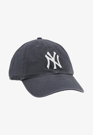 Gray cotton baseball cap with a curved brim, featuring a white embroidered "NY" logo on the front. Adjustable strap at the back.