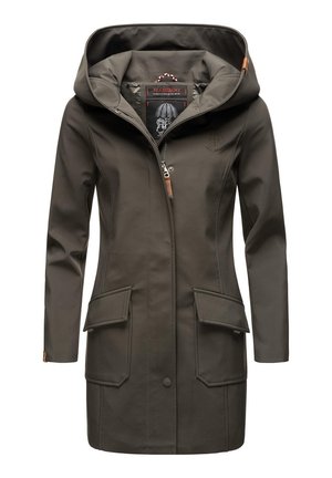 Olive green waterproof jacket with a hood, front zipper, and two large flap pockets. Smooth, durable fabric with a printed interior label.