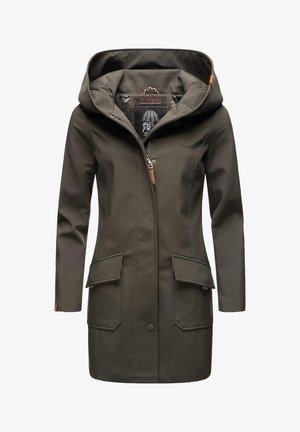 Veste étanche verte olive avec une capuche, fermeture éclair à l'avant et deux grandes poches à rabat. Tissu lisse et durable avec une étiquette intérieure imprimée.