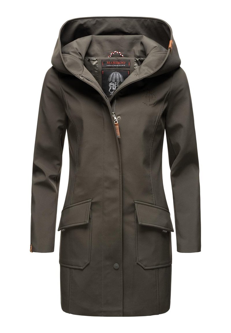 Olive green waterproof jacket with a hood, front zipper, and two large flap pockets. Smooth, durable fabric with a printed interior label.