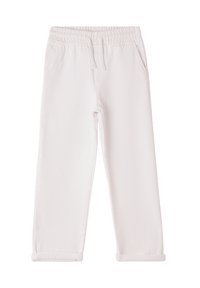 Białe dżinsy wykonane z denimu, z elastycznym paskiem w talii, sznurkiem do regulacji i podwiniętymi mankietami. Posiadają dwie boczne kieszenie. Gładka tekstura i luźny krój.