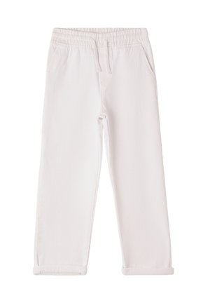 Pantaloni di jeans bianchi con vita elasticizzata, cordoncino e risvolti. Presentano due tasche laterali. Tessuto liscio e vestibilità comoda.