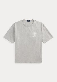 T-shirt gris manches courtes à col rond Polo Ralph Lauren avec écusson brodé blanc et logo sur la poitrine gauche.
