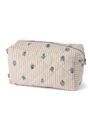Gewatteerde rechthoekige toilettas met lichtbeige en blauwe strepen, kleine geborduurde bloemmotieven en een ritssluiting aan de bovenkant.