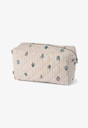 Gewatteerde rechthoekige toilettas met lichtbeige en blauwe strepen, kleine geborduurde bloemmotieven en een ritssluiting aan de bovenkant.