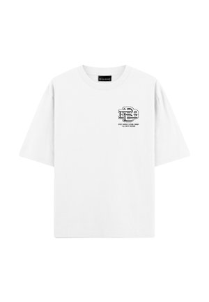Witte katoen T-shirt met korte mouwen, voorzien van een grafisch logo op de borst in zwart. Klassieke ronde halsontwerp, ontspannen pasvorm.