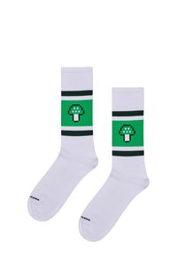 Bílé ponožky s vysokým střihem a zelenými pruhy, které mají na lýtkové části umístěn é pixelované zelené ikony hub.