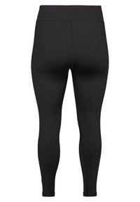 Black leggings with a high waistband. Made of stretchy material. Smooth texture with no visible seams, tapering down to the ankles.