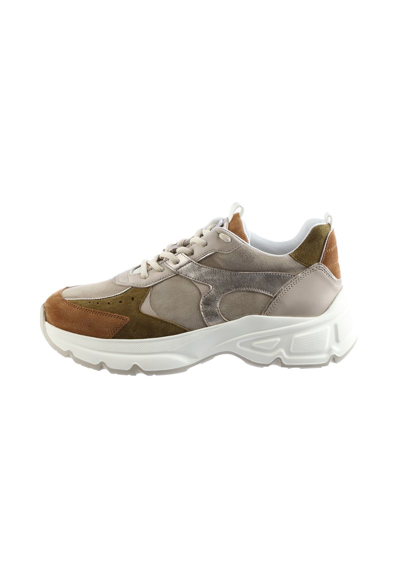 Sneakers made of beige and brown suede, featuring a textured white sole, lace-up design, and a mix of smooth and rough materials.