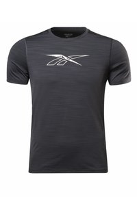 Sportovní tričko s krátkým rukávem v tmavě šedé barvě, vyrobené z texturované tkaniny, s bílým logem Reebok na hrudi. Hladký povrch, kulatý výstřih.