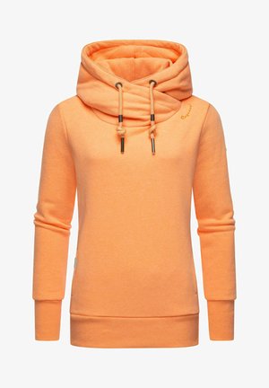 Orange sweatshirt med hög krage, snörningdetaljer, långa ärmar och ribbade mudd. Texturerat tyg och subtil märkning på bröstet.