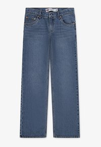 Jeans de mezclilla azul con corte recto, con botón y cremallera, cinco bolsillos y costuras de contraste. Etiqueta de talla visible en la cintura.