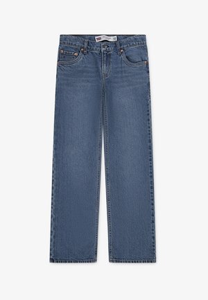 Blue denim jeans with a straight-leg cut, featuring a button and zip fly, five pockets, and contrasting stitching. Size label visible inside waistband.