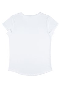 Bílý tričko s krátkým rukávem, kulatým výstřihem a ohrnutými rukávy, vyrobené z lehkého materiálu s hladkou texturou a zakřiveným lemem.