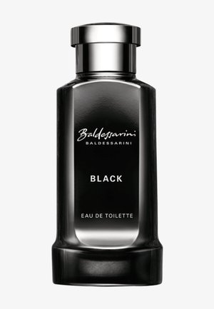 Schwarze Glas-Parfümflasche mit silbernem Verschluss, beschriftet mit "Baldessarini Black Eau de Toilette."