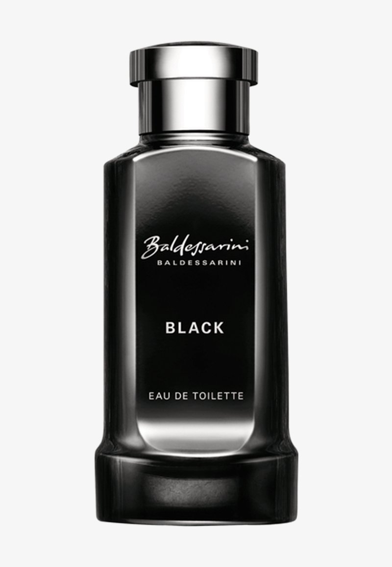 Black glass perfume bottle with silver cap, labeled "Baldessarini Black Eau de Toilette."