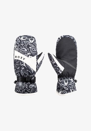 Schwarz-weiße gemusterte Handschuhe mit Paisleymuster, verstellbarem Handgelenkriemen und glatter Oberfläche. Hergestellt aus isolierendem Material.