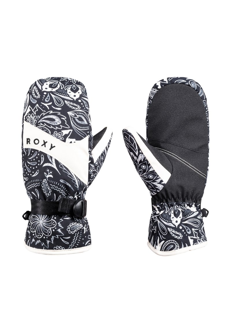 Moufles à motifs noir et blanc avec un design paisley, sangle de poignet ajustable et finition lisse. Fabriquées en matériau isolant.