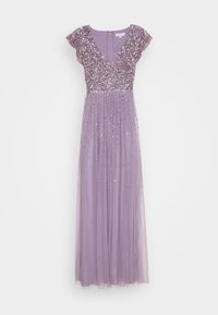 Dlouhé levandulové šaty s výstřihem do V, zdobeným korzetem s flitry, krátkými rukávy a splývavou, průhlednou sukní.