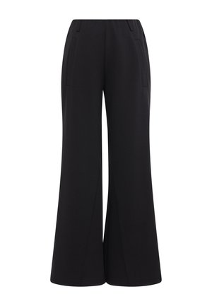 Pantaloni neri a gamba larga con tasche frontali e vita alta, mostrati su uno sfondo bianco semplice.