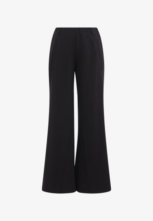 Pantaloni neri a gamba larga con tasche frontali e vita alta, mostrati su uno sfondo bianco semplice.