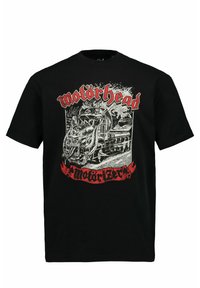 Černé bavlněné tričko s velkým bílým a červeným grafickým motivem motoru s drakem a textem "Motörhead" nahoře a dole.