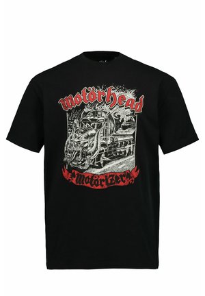 Černé bavlněné tričko s velkým bílým a červeným grafickým motivem motoru s drakem a textem "Motörhead" nahoře a dole.