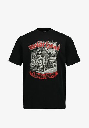Černé bavlněné tričko s velkým bílým a červeným grafickým motivem motoru s drakem a textem "Motörhead" nahoře a dole.