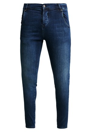 Dunkelblaue Slim-Fit-Jeans mit vorderem Knopf- und Reißverschluss, zwei Vordertaschen und dezenten verblassten Details an den Oberschenkeln.