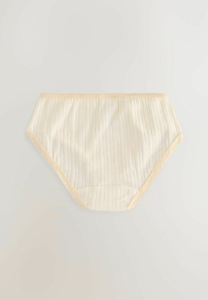Cremefarvet undertøj med lodrette striber, elastisk talje og blondekant langs kanterne. Blød tekstur, klassisk trusse-design.