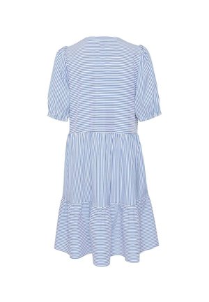 Robe midi à rayures bleues et blanches, avec des manches bouffantes, une taille froncée et un ourlet à volants étagés.