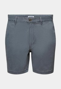 Grå bomuldsbukser med knaplukning, der har en talje, bælteløkker og lige skæring. Glat tekstur og enkelt design.