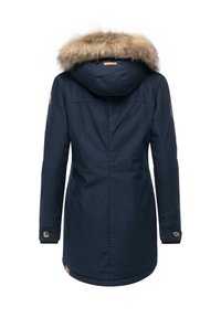 Navy blue parka with a fur-lined hood, features long sleeves, button accents, and a slightly curved hem for added coverage.