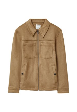 Veste zippée en daim beige avec col large, deux poches poitrine plaquées et deux poches latérales à boutons-pression.