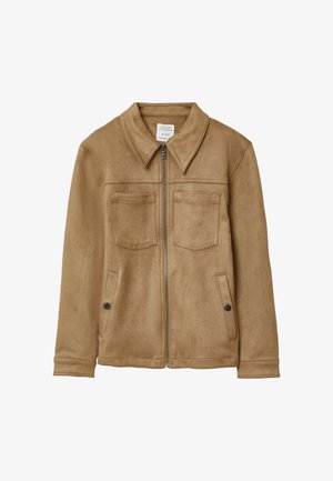 Giacca con zip in pelle scamosciata color cammello con ampio colletto, due tasche applicate sul petto e due tasche laterali con bottoni a pressione.