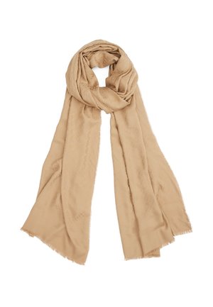 Écharpe beige en tissu léger, présentant une texture subtile et des bords effilochés, drapée dans une forme allongée et lâche.