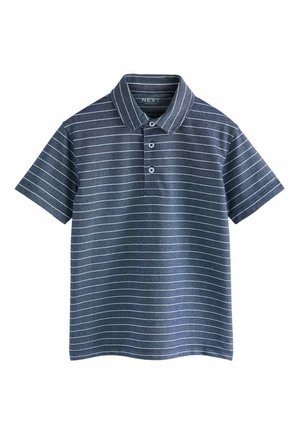 Marineblaue Poloshirt mit weißen horizontalen Streifen, kurzen Ärmeln, Drei-Knopf-Leiste und einer weichen, gewebten Textur. Markenlabel: NEXT.