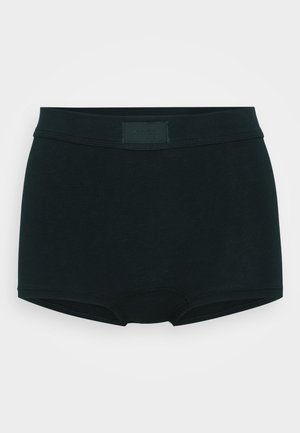 Black cotton hipster briefs feature a smooth elastic waistband with a subtle logo tag. The design is seamless with a snug fit for comfort.