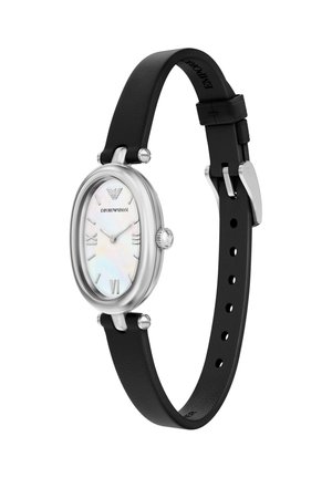 Ovale Damenuhr mit einem Gehäuse aus silbernem Edelstahl, einem schwarzen Lederarmband und einem weißen Zifferblatt aus Perlmutt mit römischen Zahlen.