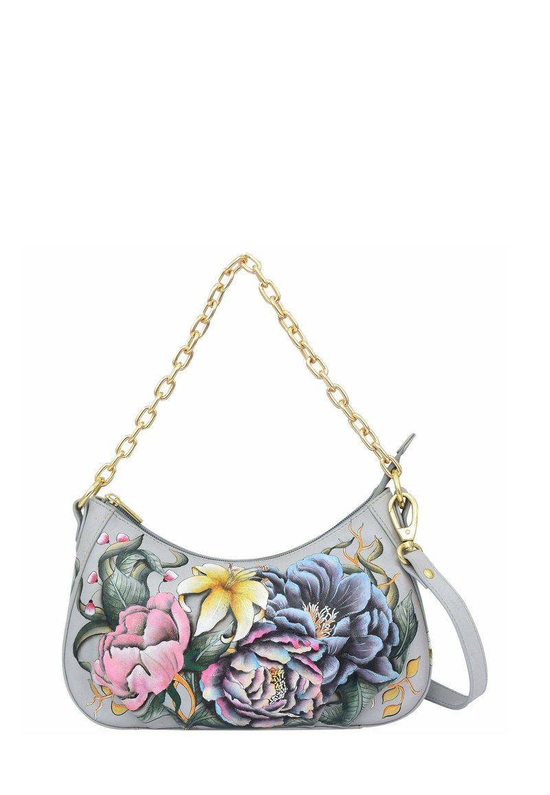 Grijze leren handtas met bloemenkunst in roze, paars en geel. Voorzien van een gouden kettingband en een afneembare schouderriem.