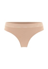 Beige színű, alacsony derekú női bikini alsó, varrás nélküli dizájnnal és a "GUESS" feliratot ismétlő márkás rugalmas derékrésszel.