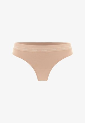 Beige Bikini-Brief für Frauen mit niedrigem Bund, nahtlosem Design und einem elastischen Bündchen mit wiederholtem "GUESS"-Logo.