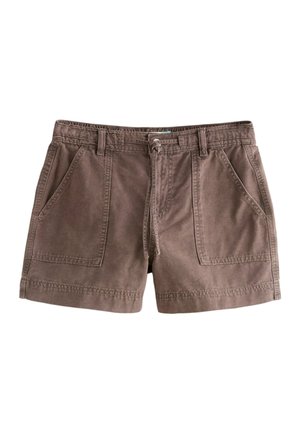 Pantaloni scurți casual din bumbac maro, cu buzunare aplicate în față, barete pentru curea și detaliu cu snur în talie.
