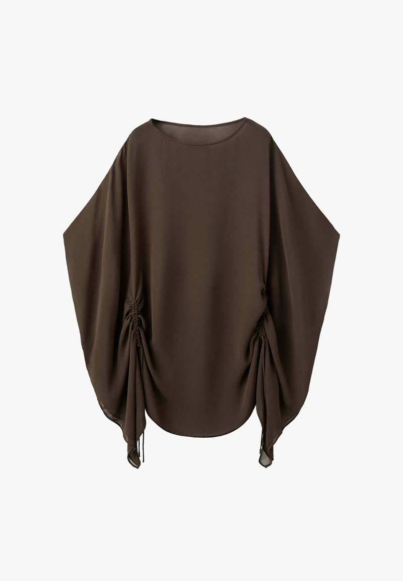 Loose-fitting dark brown blouse with wide sleeves, gathered drawstring details on both sides, and a round neckline.
